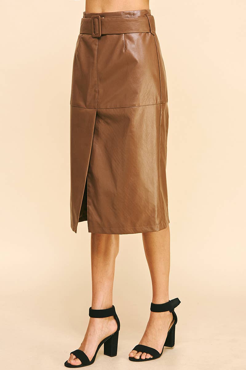 BELTED PU LEATHER MIDI SKIRT - BROWN
