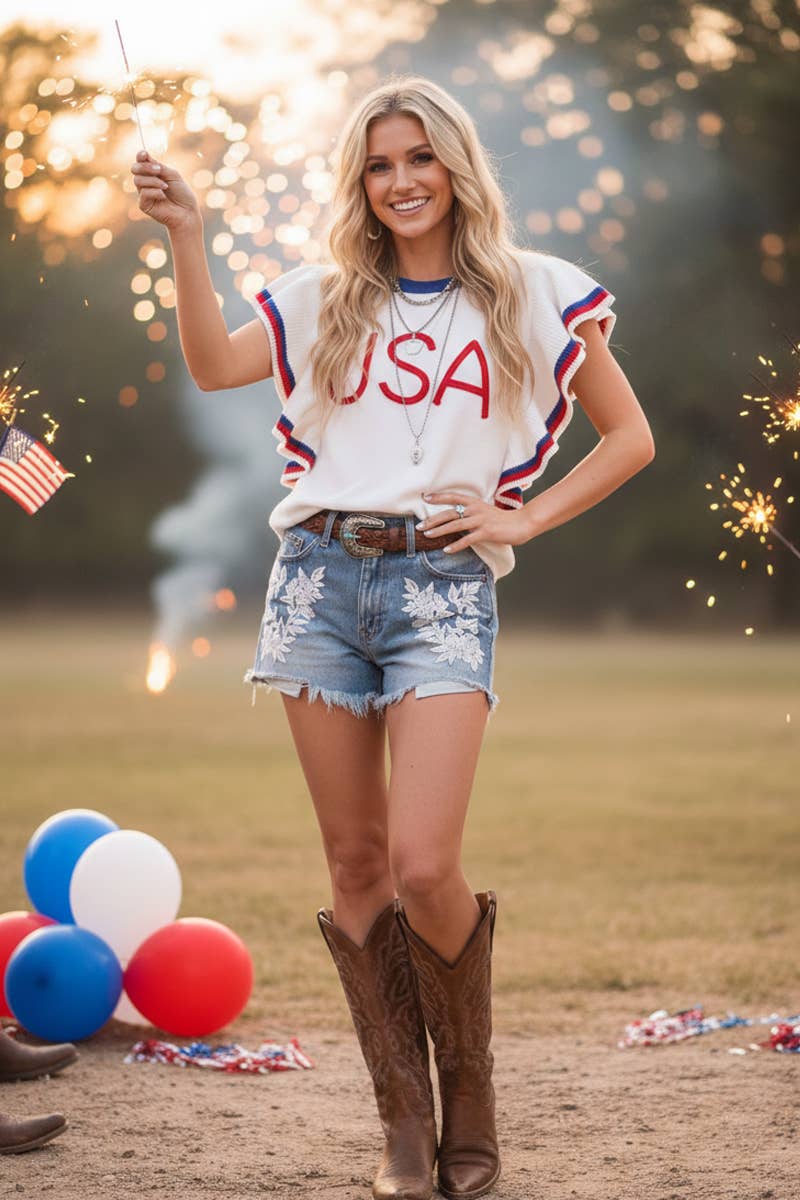 RUFFLE SLEEVE AMERICANA SWEATER TOP