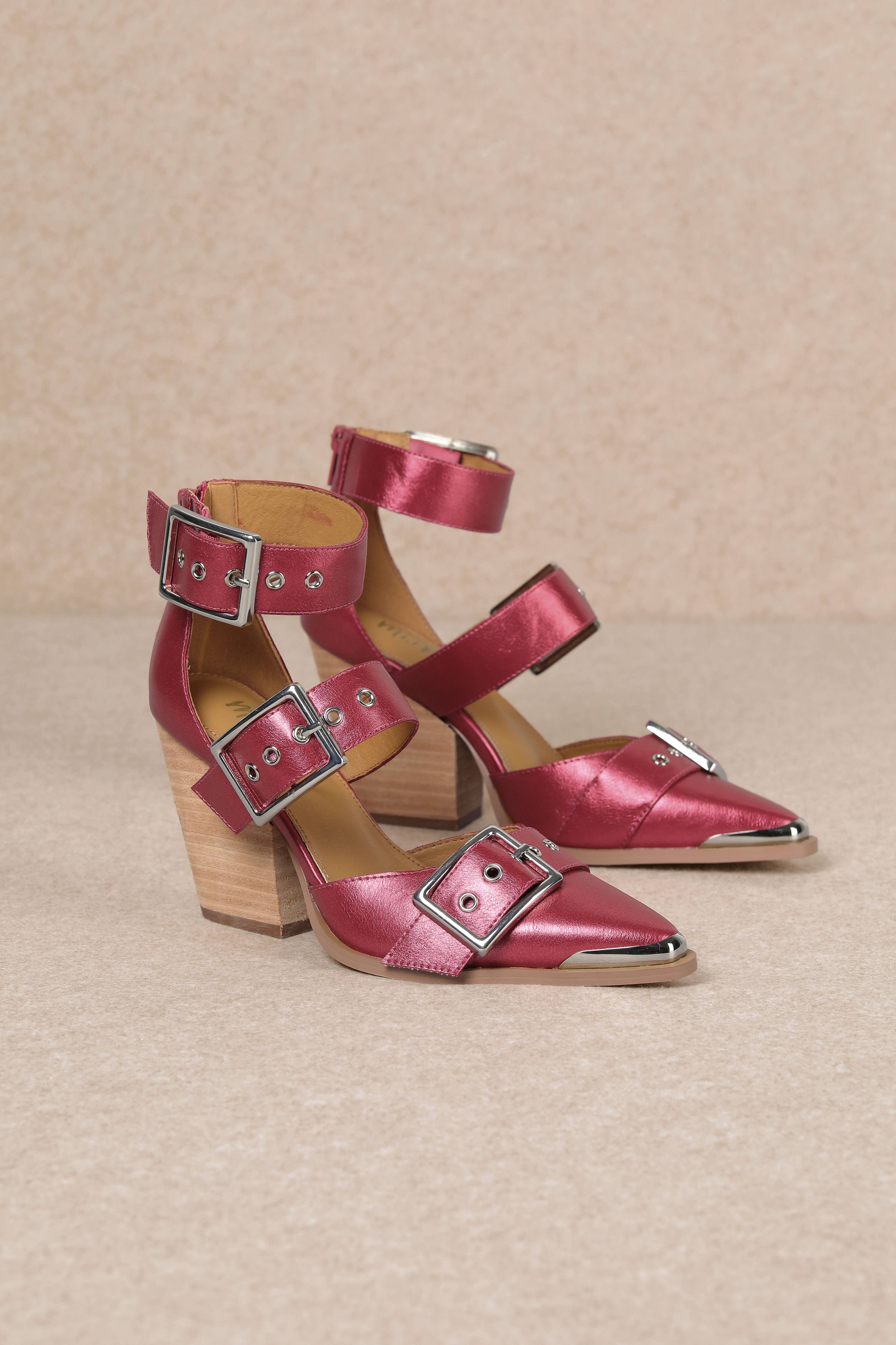 HENDRIX TRIPLE BELT STRAP POINTED TOE BLOCK HEELS