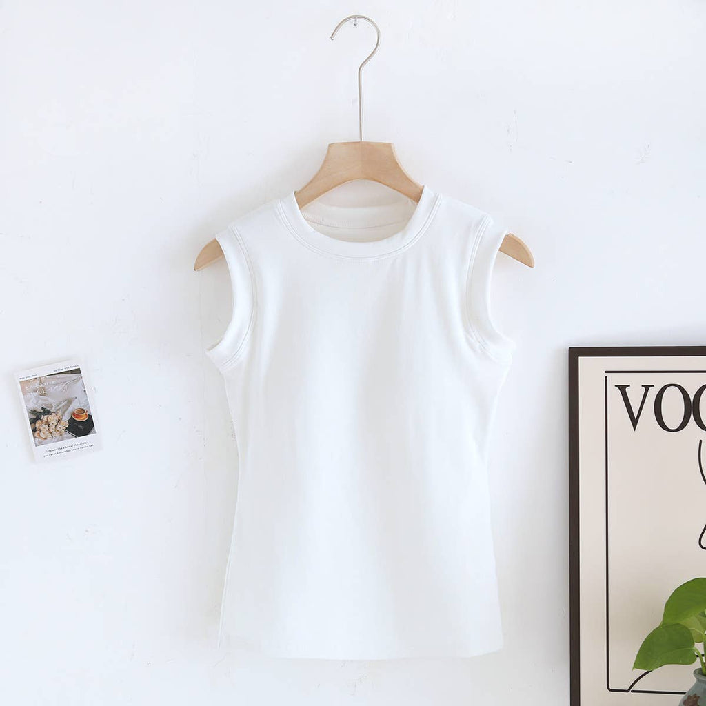 Basic cotton blend sleeveless R-neck tee self bra tank top