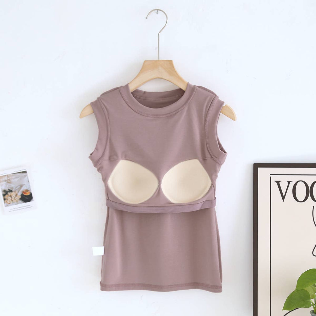 Basic cotton blend sleeveless R-neck tee self bra tank top