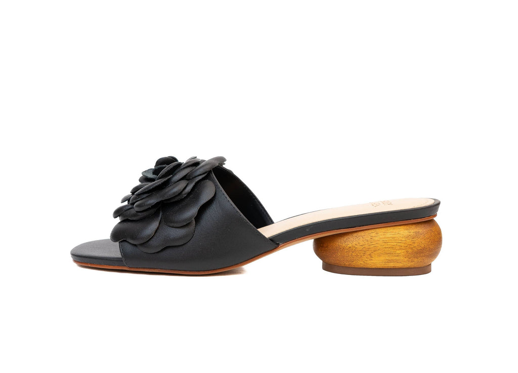 Rose Flower Wood Heel Leather Slide