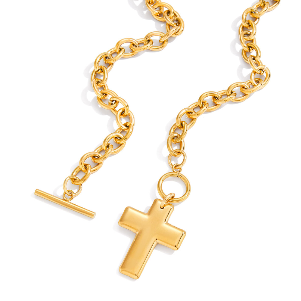 Solid Cross Toggle Necklace 18K Gold-Plated Non-Tarnish