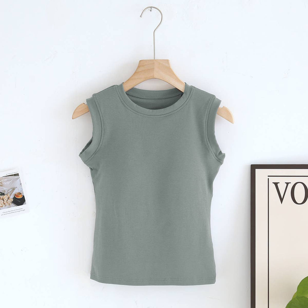 Basic cotton blend sleeveless R-neck tee self bra tank top