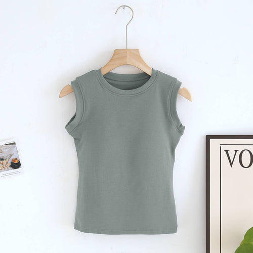 Basic cotton blend sleeveless R-neck tee self bra tank top