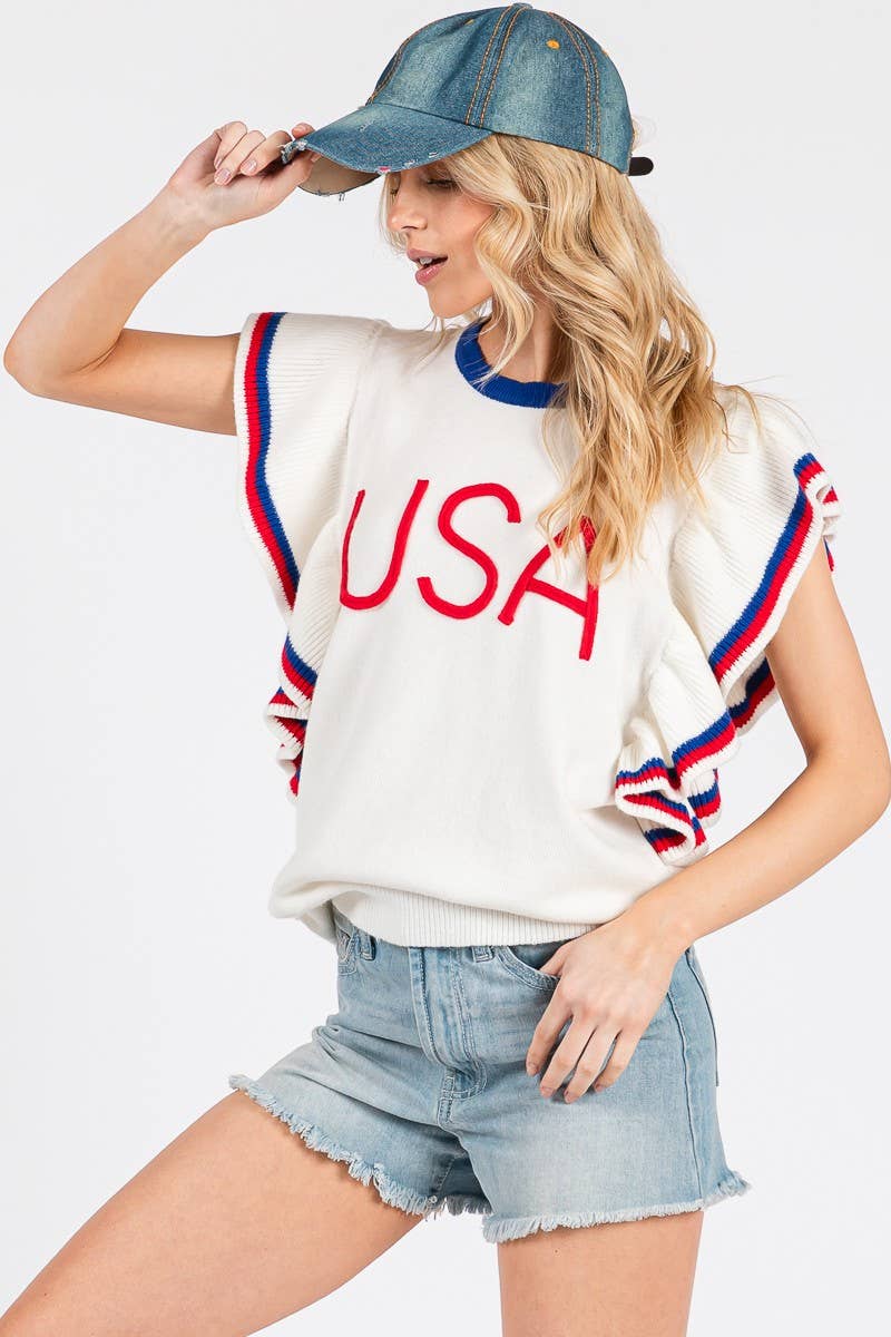 RUFFLE SLEEVE AMERICANA SWEATER TOP