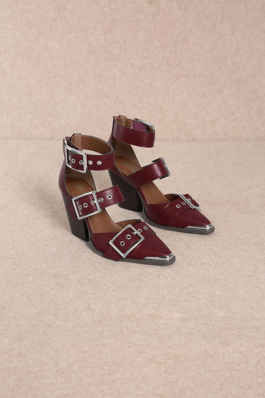 HENDRIX TRIPLE BELT STRAP POINTED TOE BLOCK HEELS