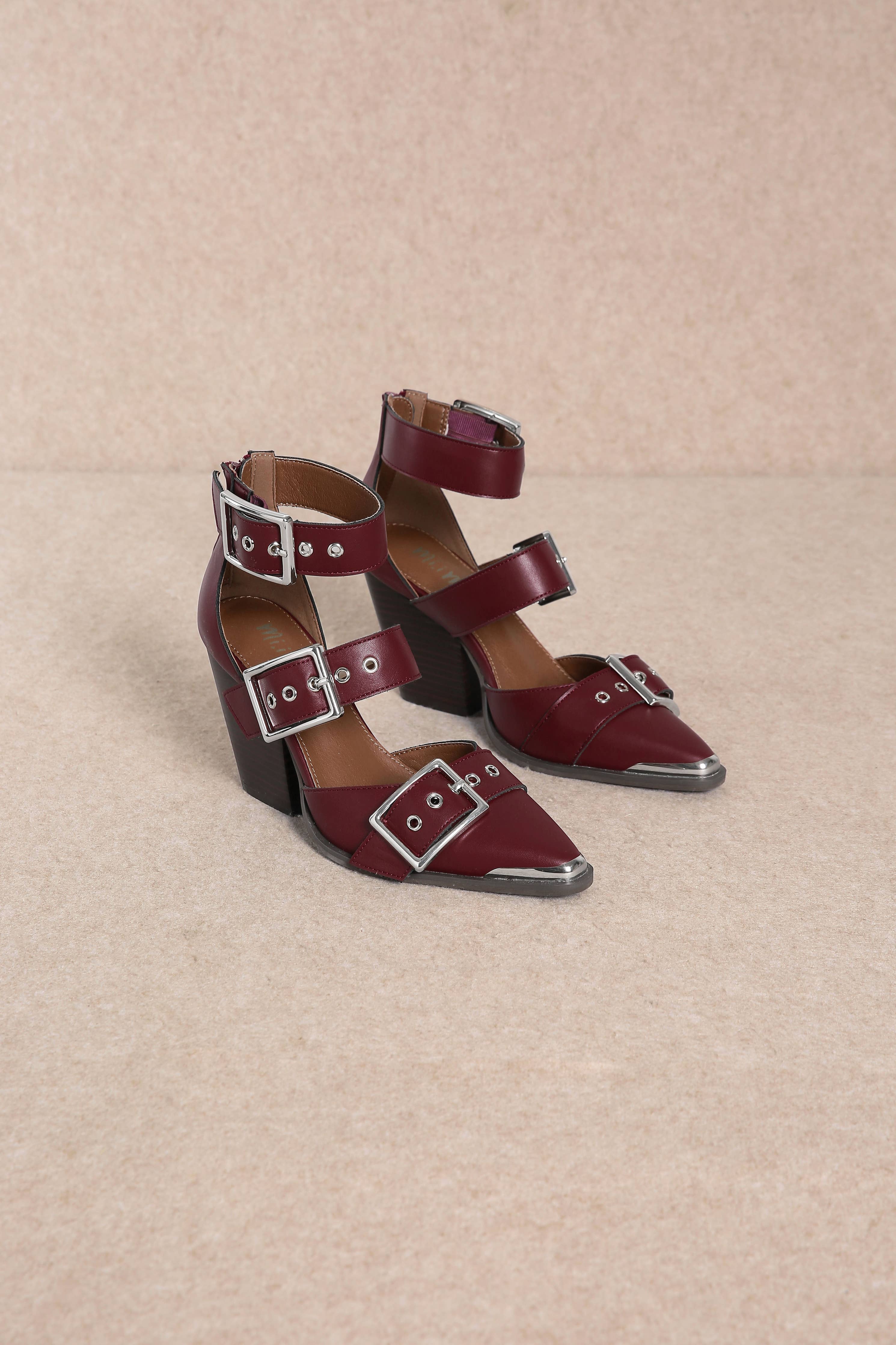 HENDRIX TRIPLE BELT STRAP POINTED TOE BLOCK HEELS