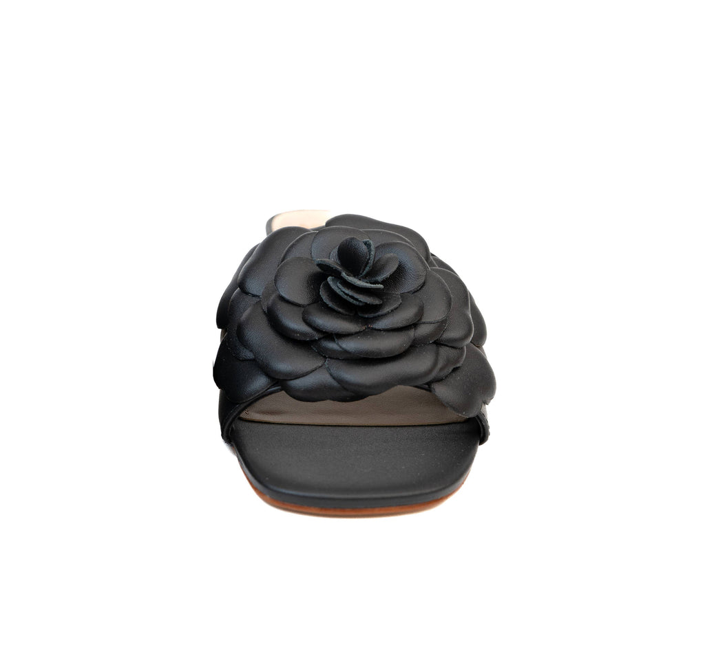 Rose Flower Wood Heel Leather Slide
