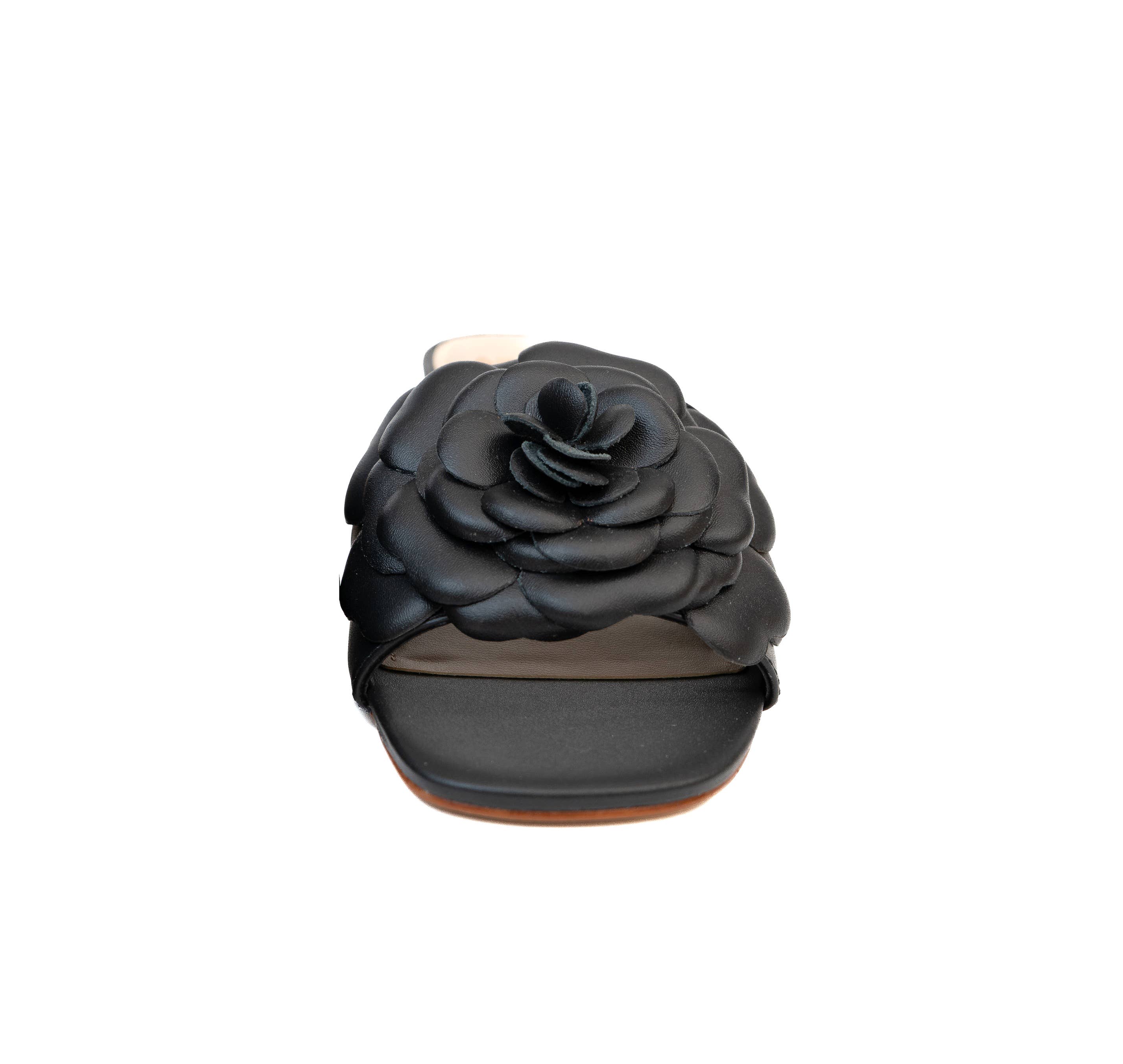 Rose Flower Wood Heel Leather Slide