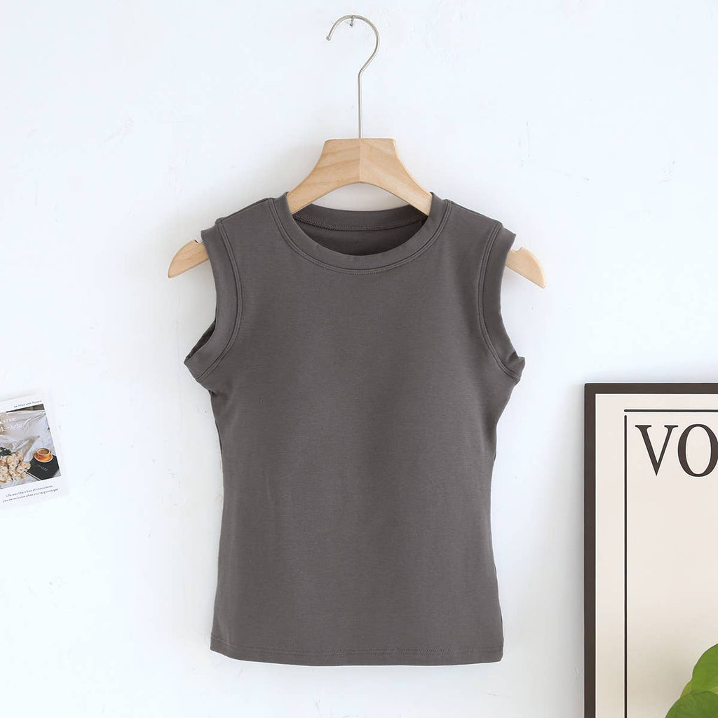Basic cotton blend sleeveless R-neck tee self bra tank top