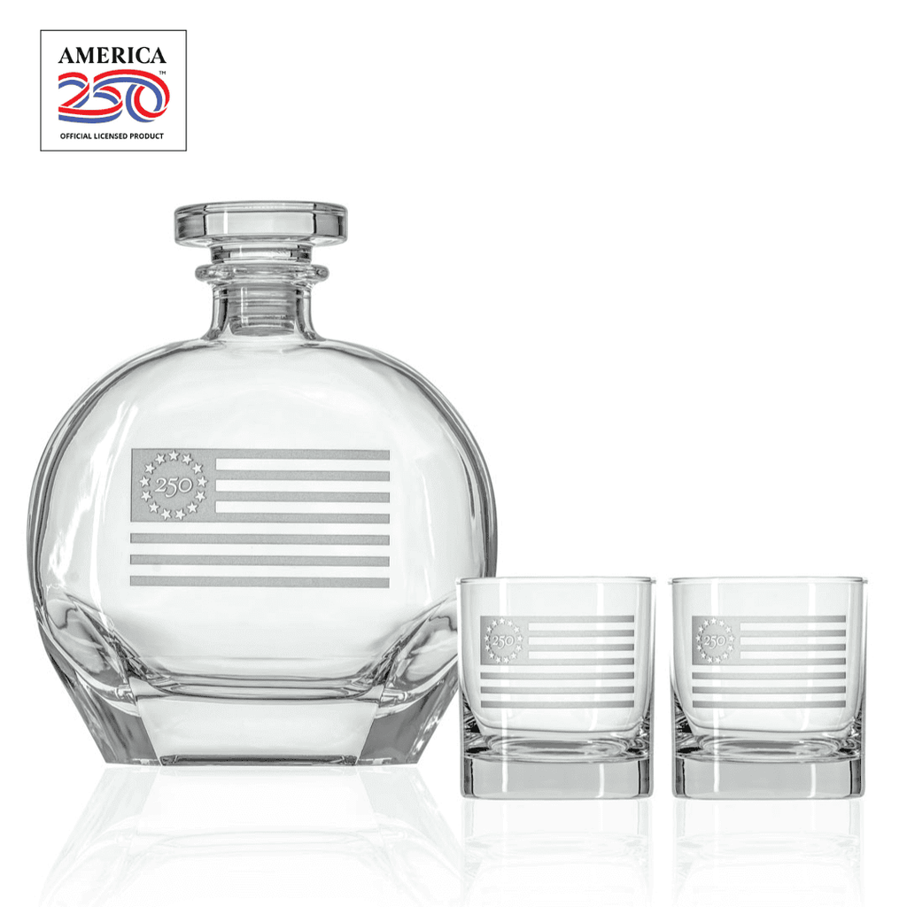 America250™ Betsy Ross Flag 3 Piece Gift Set | Whiskey Decanter and Rocks Glasses