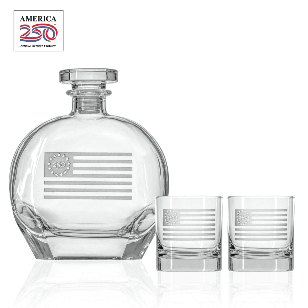 America250™ Betsy Ross Flag 3 Piece Gift Set | Whiskey Decanter and Rocks Glasses