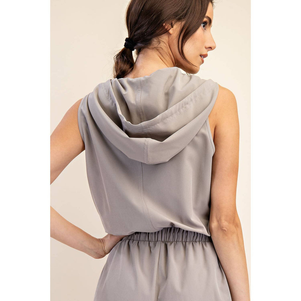 HEAVY POLY STRETCH WOVEN SLEEVELESS HOODIE ROMPER