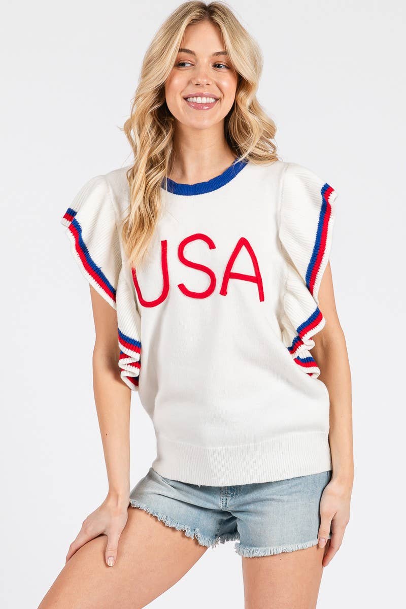 RUFFLE SLEEVE AMERICANA SWEATER TOP