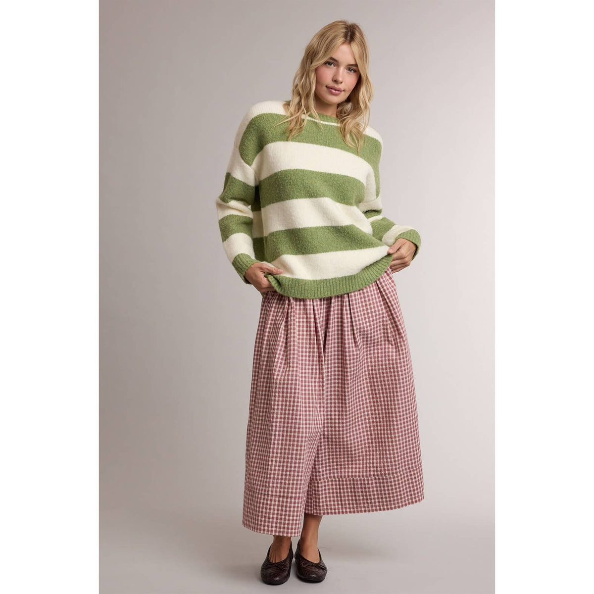 GINGHAM WIDE LEG PULL ON PANTS in Red Bean and Oatmeal