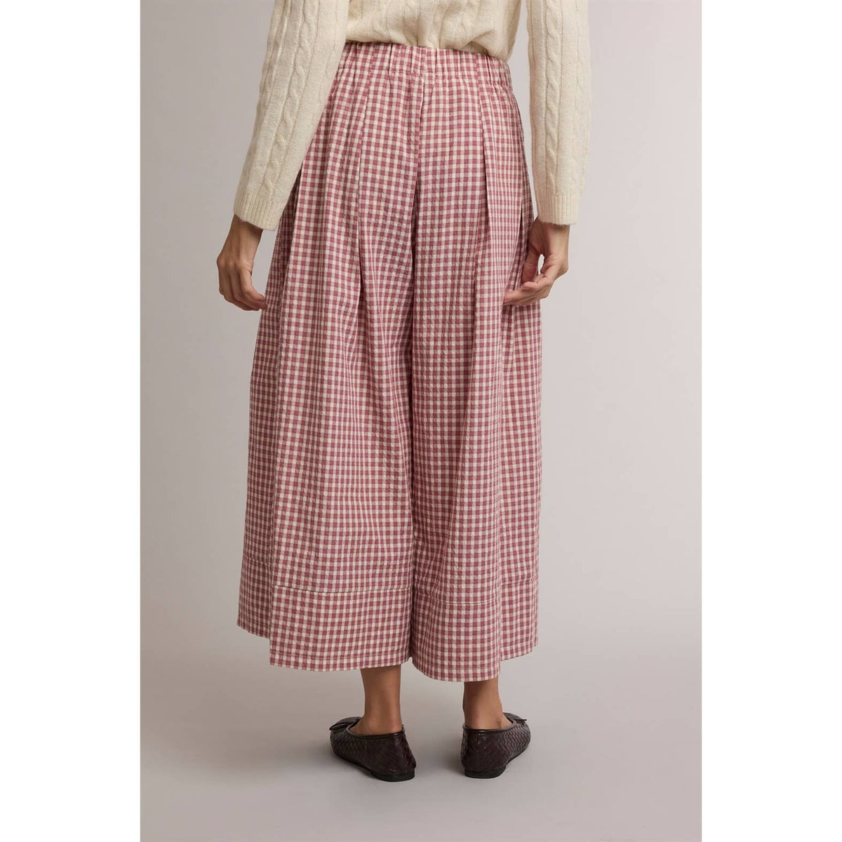 GINGHAM WIDE LEG PULL ON PANTS in Red Bean and Oatmeal