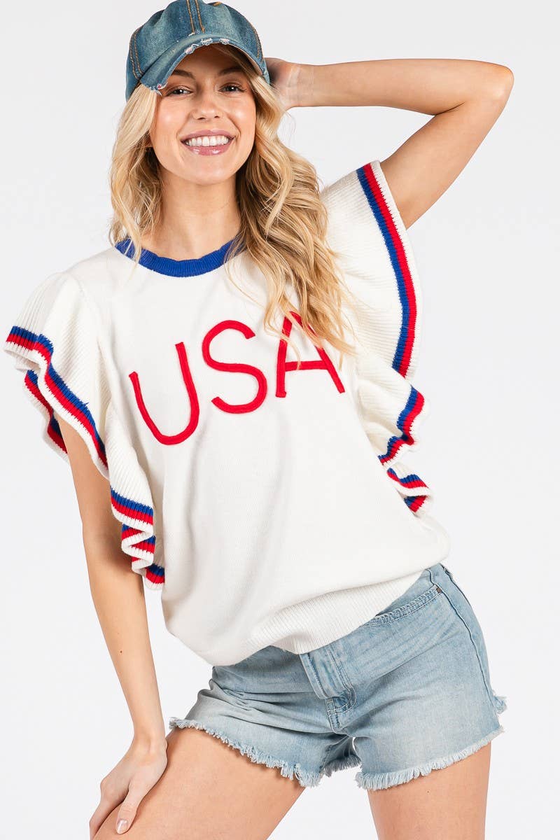 RUFFLE SLEEVE AMERICANA SWEATER TOP