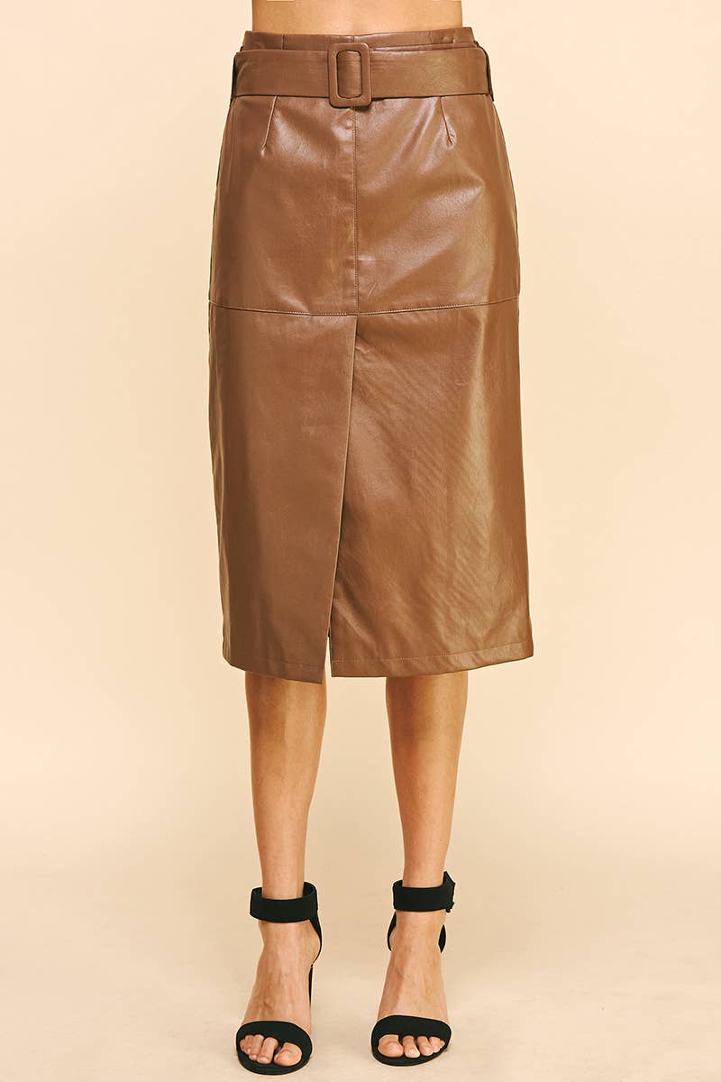 BELTED PU LEATHER MIDI SKIRT - BROWN