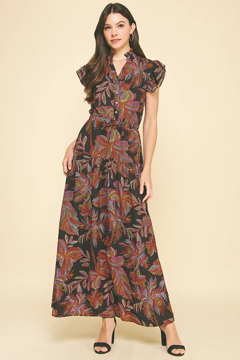 LEAF PRINT TIERED MAXI DRESS - 6398D
