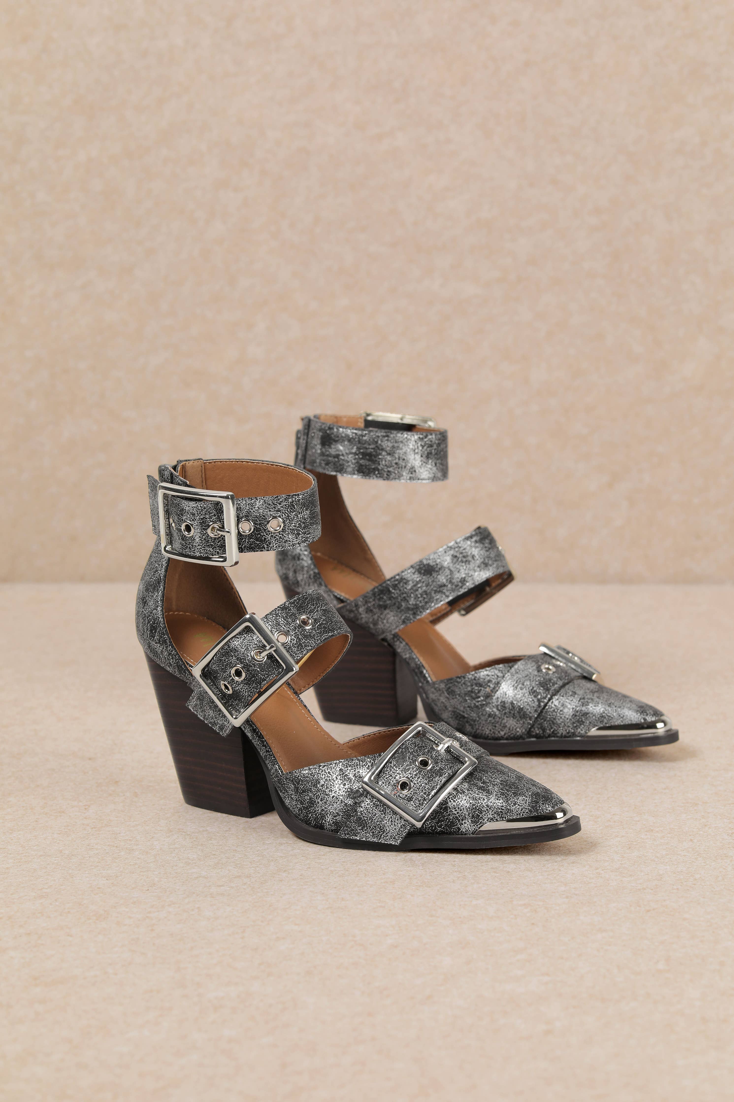 HENDRIX TRIPLE BELT STRAP POINTED TOE BLOCK HEELS