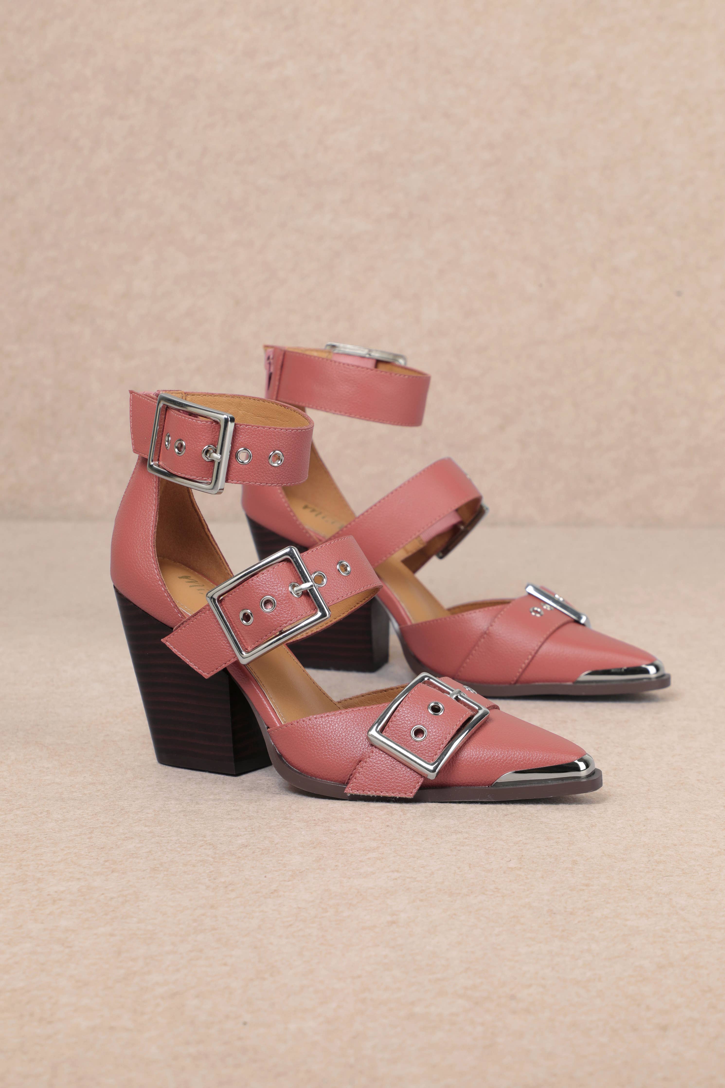 HENDRIX TRIPLE BELT STRAP POINTED TOE BLOCK HEELS