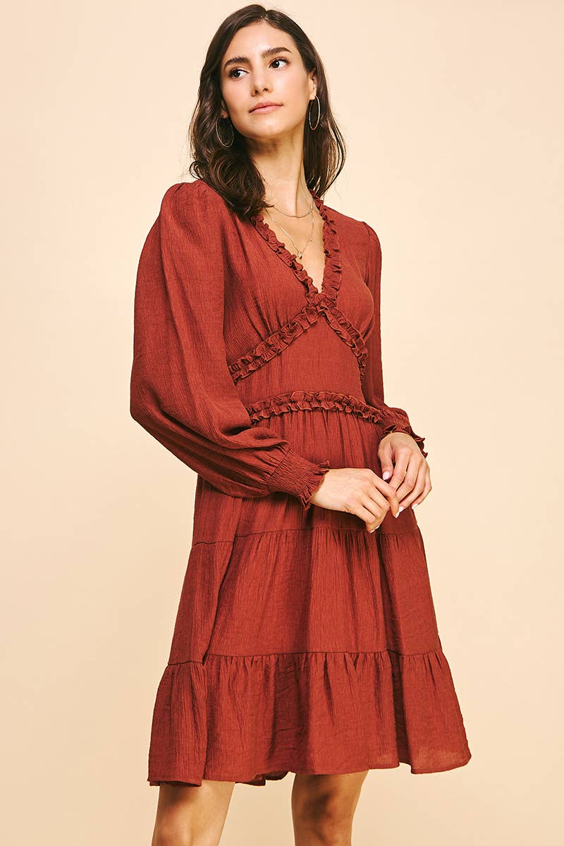 LONG SLEEVES RUFFLE MINI DRESS - 5566D