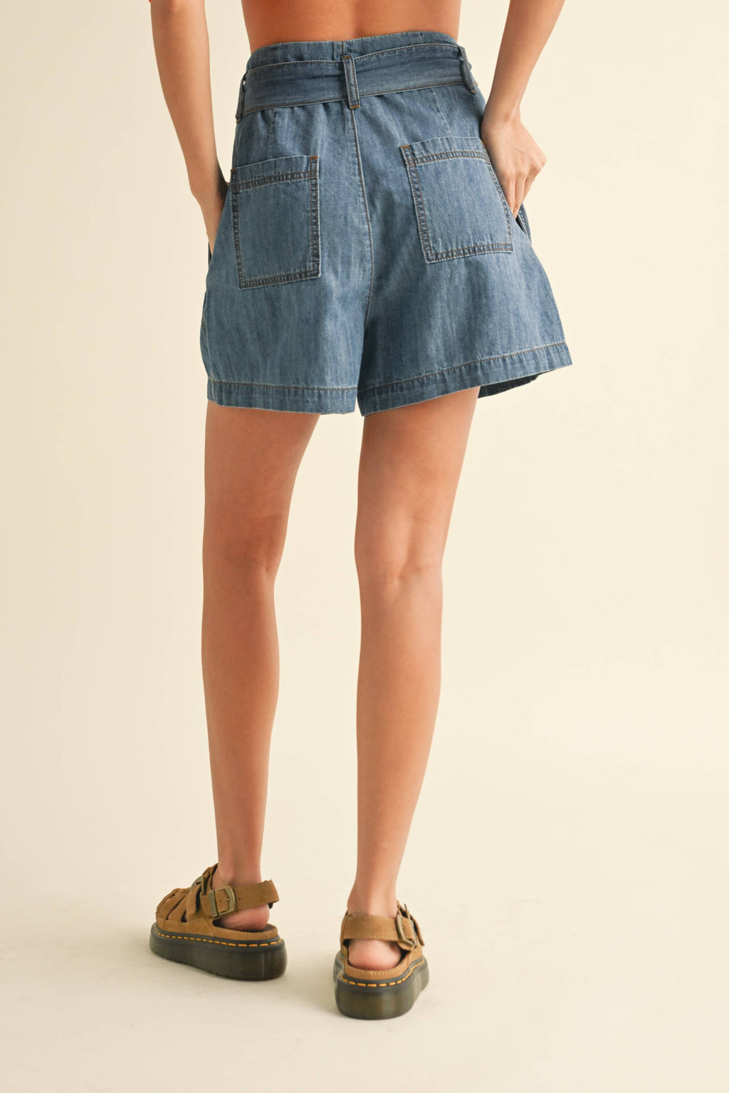 P4841   CHAMBRAY DENIM PAPERBAG WAIST SHORTS