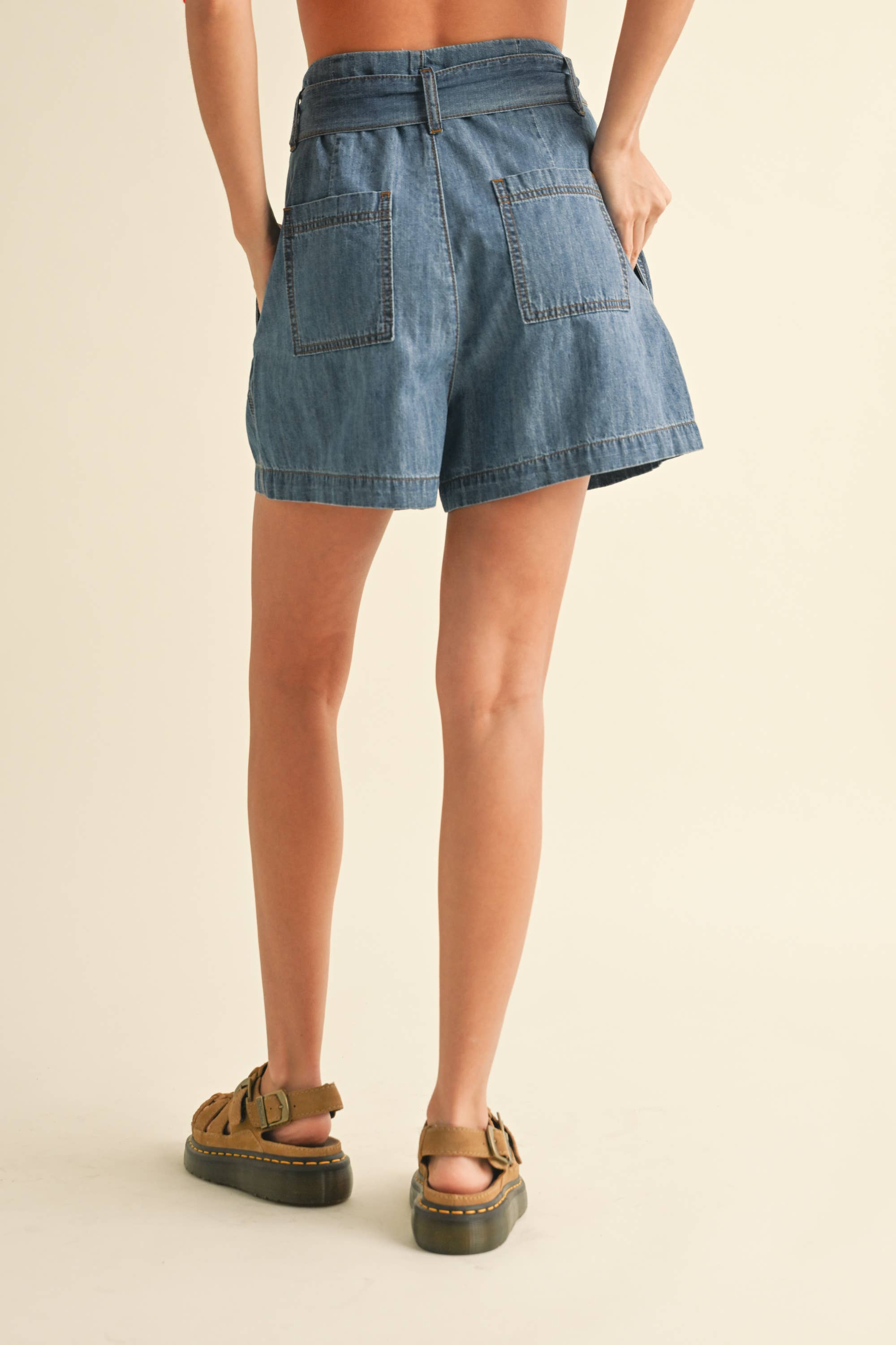 P4841   CHAMBRAY DENIM PAPERBAG WAIST SHORTS