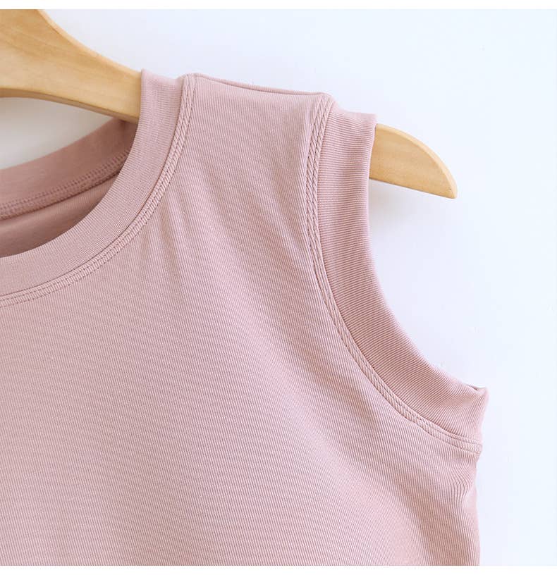 Basic cotton blend sleeveless R-neck tee self bra tank top