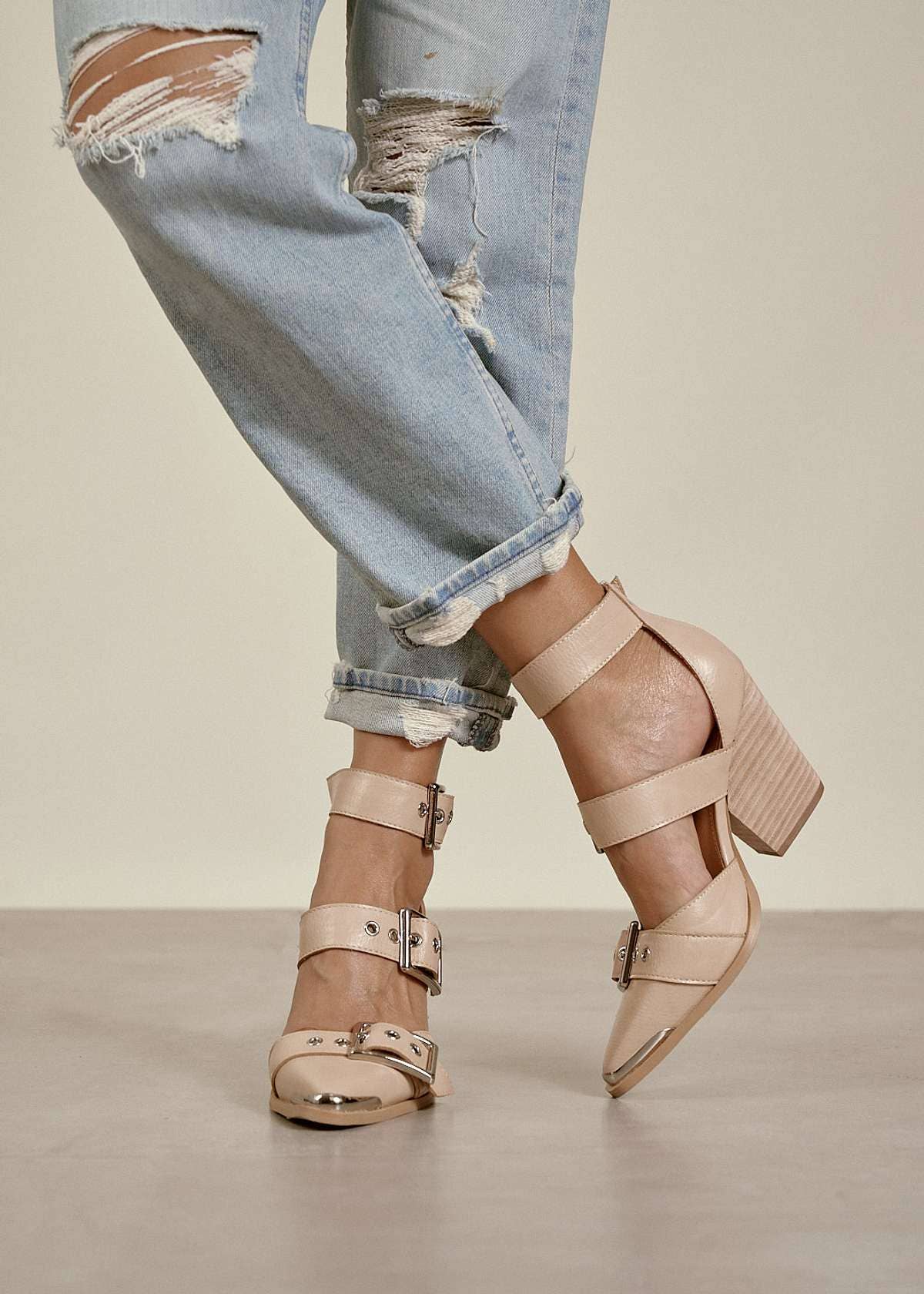 HENDRIX TRIPLE BELT STRAP POINTED TOE BLOCK HEELS