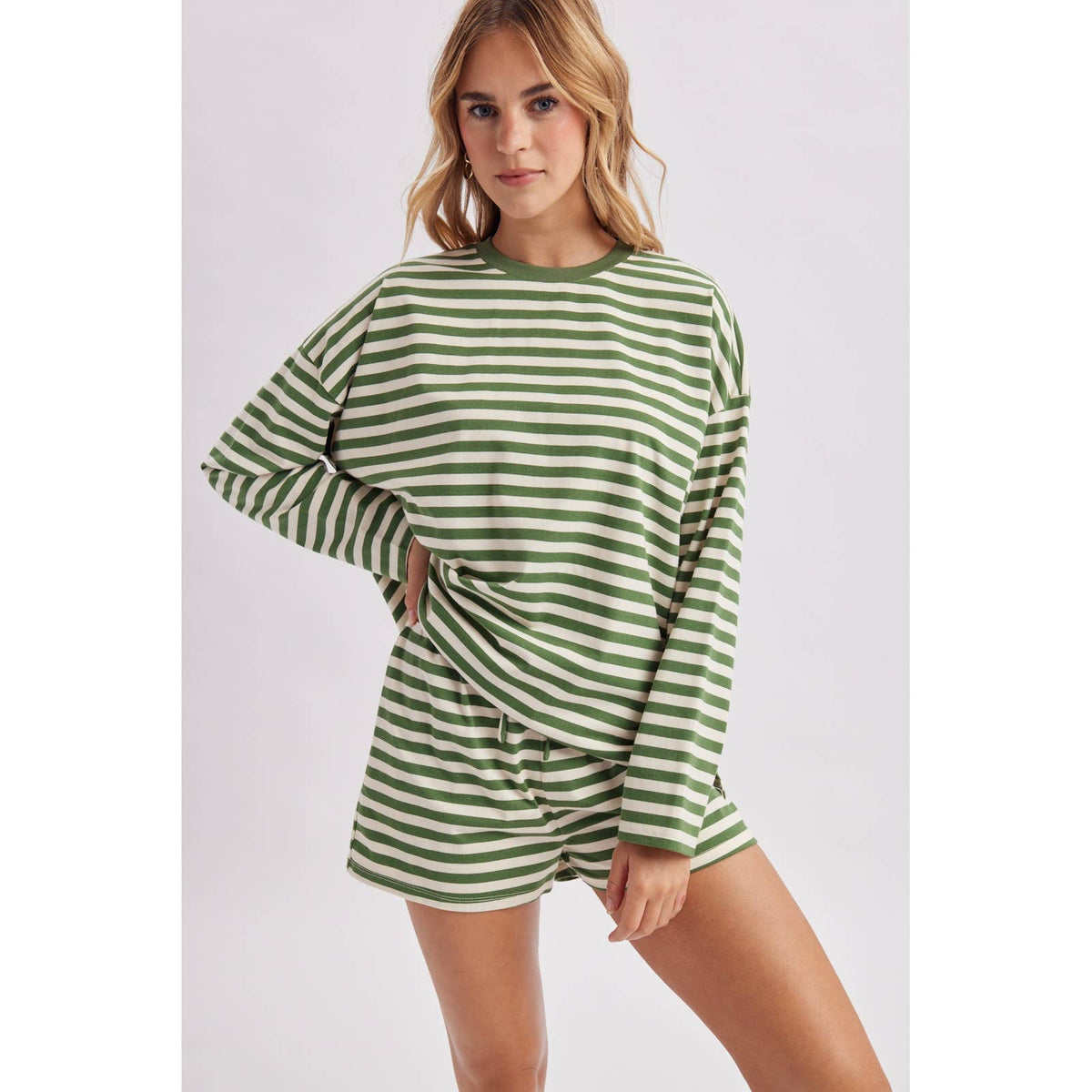 STRIPED KNIT LONG SLEEVE AND SHORTS SET