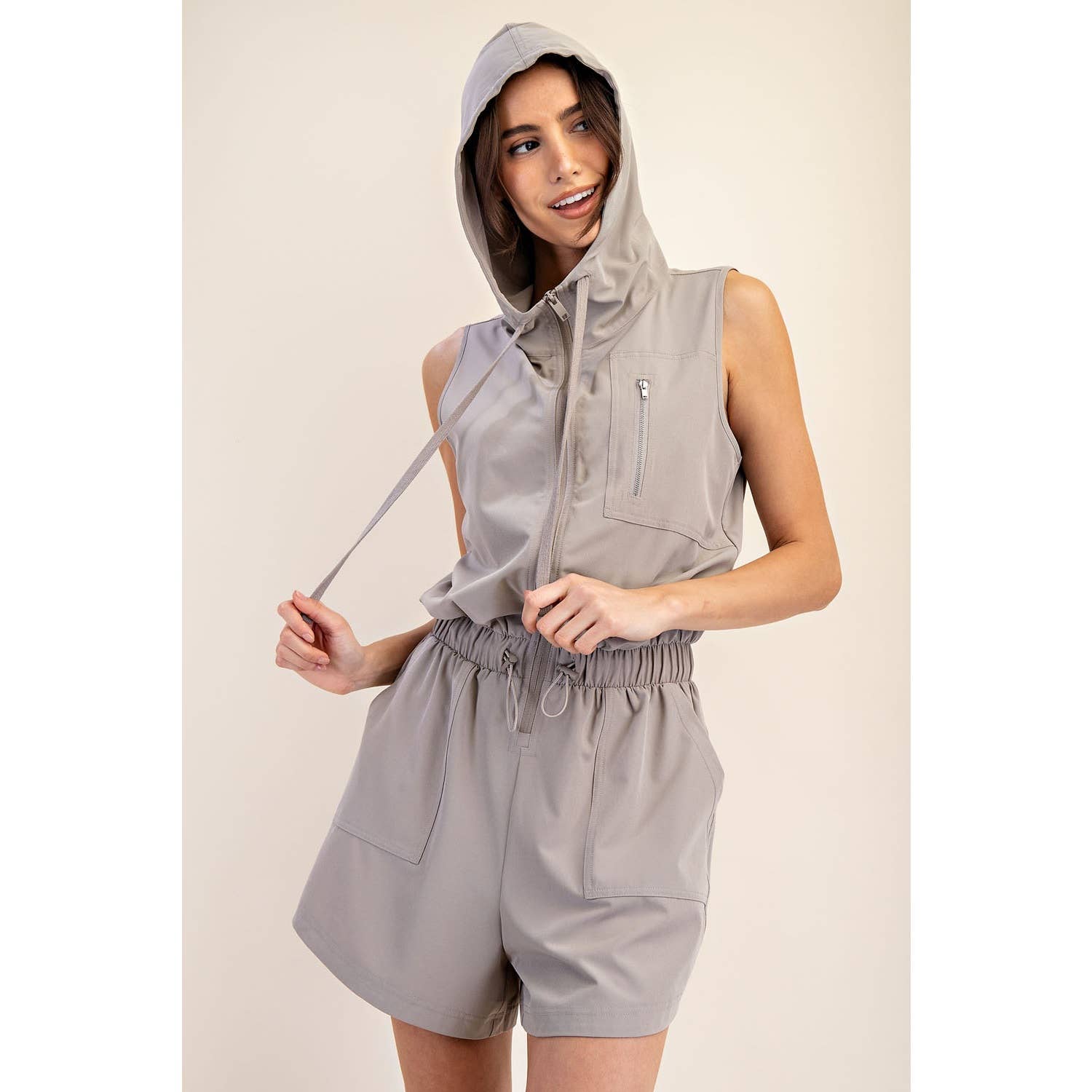 HEAVY POLY STRETCH WOVEN SLEEVELESS HOODIE ROMPER