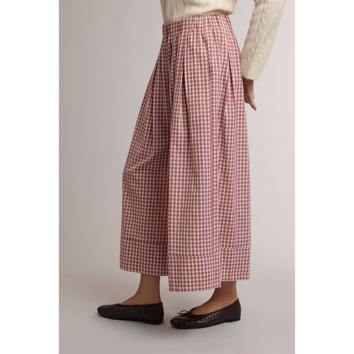 GINGHAM WIDE LEG PULL ON PANTS in Red Bean and Oatmeal