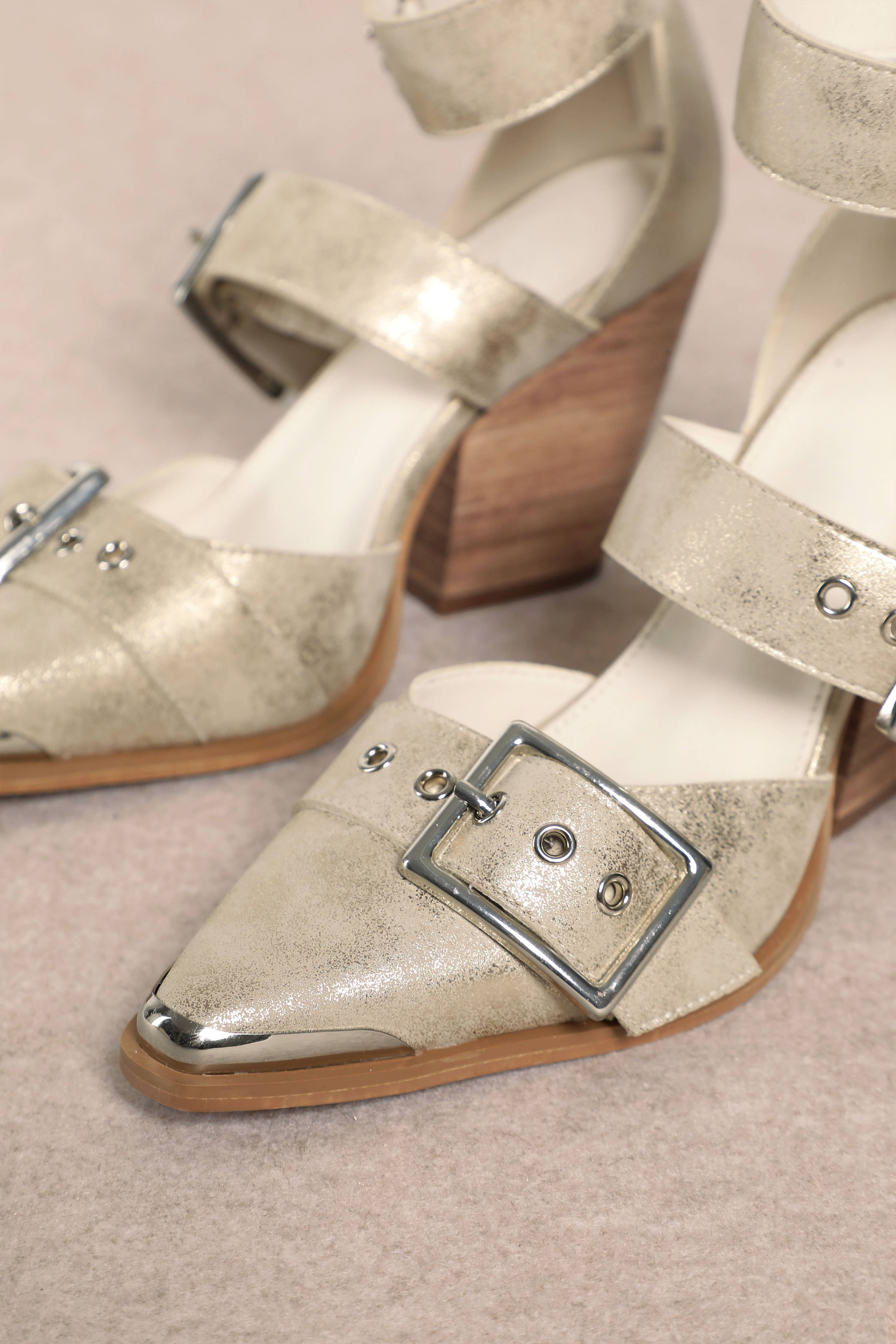 HENDRIX TRIPLE BELT STRAP POINTED TOE BLOCK HEELS