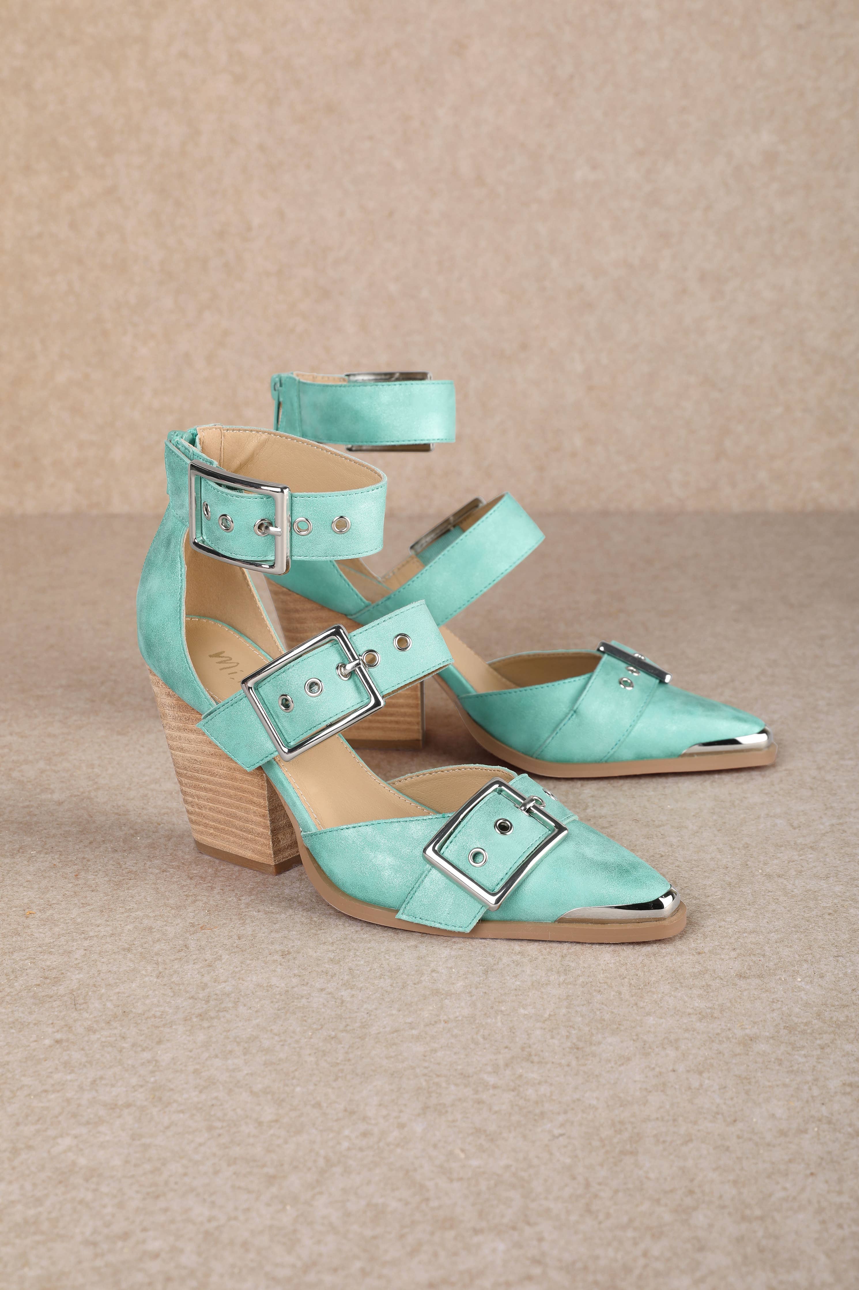 HENDRIX TRIPLE BELT STRAP POINTED TOE BLOCK HEELS