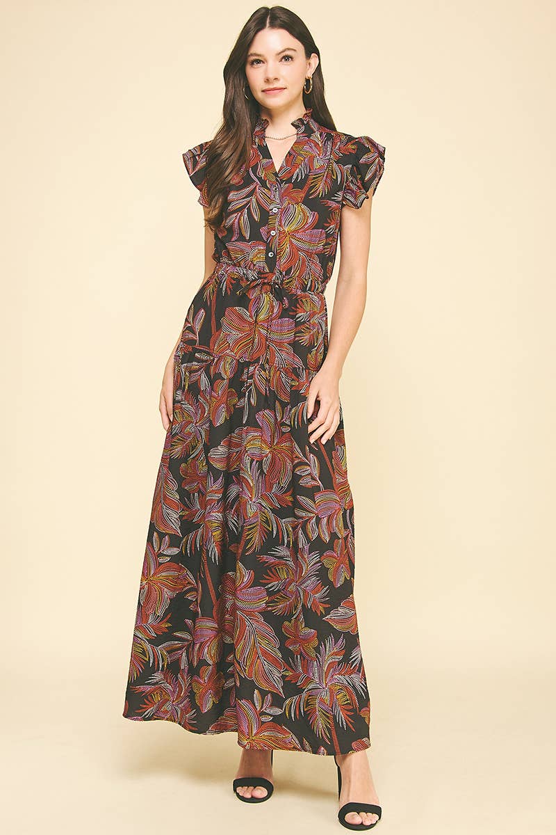 LEAF PRINT TIERED MAXI DRESS - 6398D