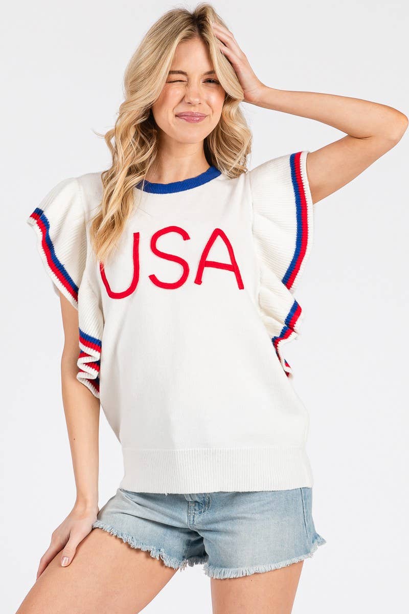 RUFFLE SLEEVE AMERICANA SWEATER TOP