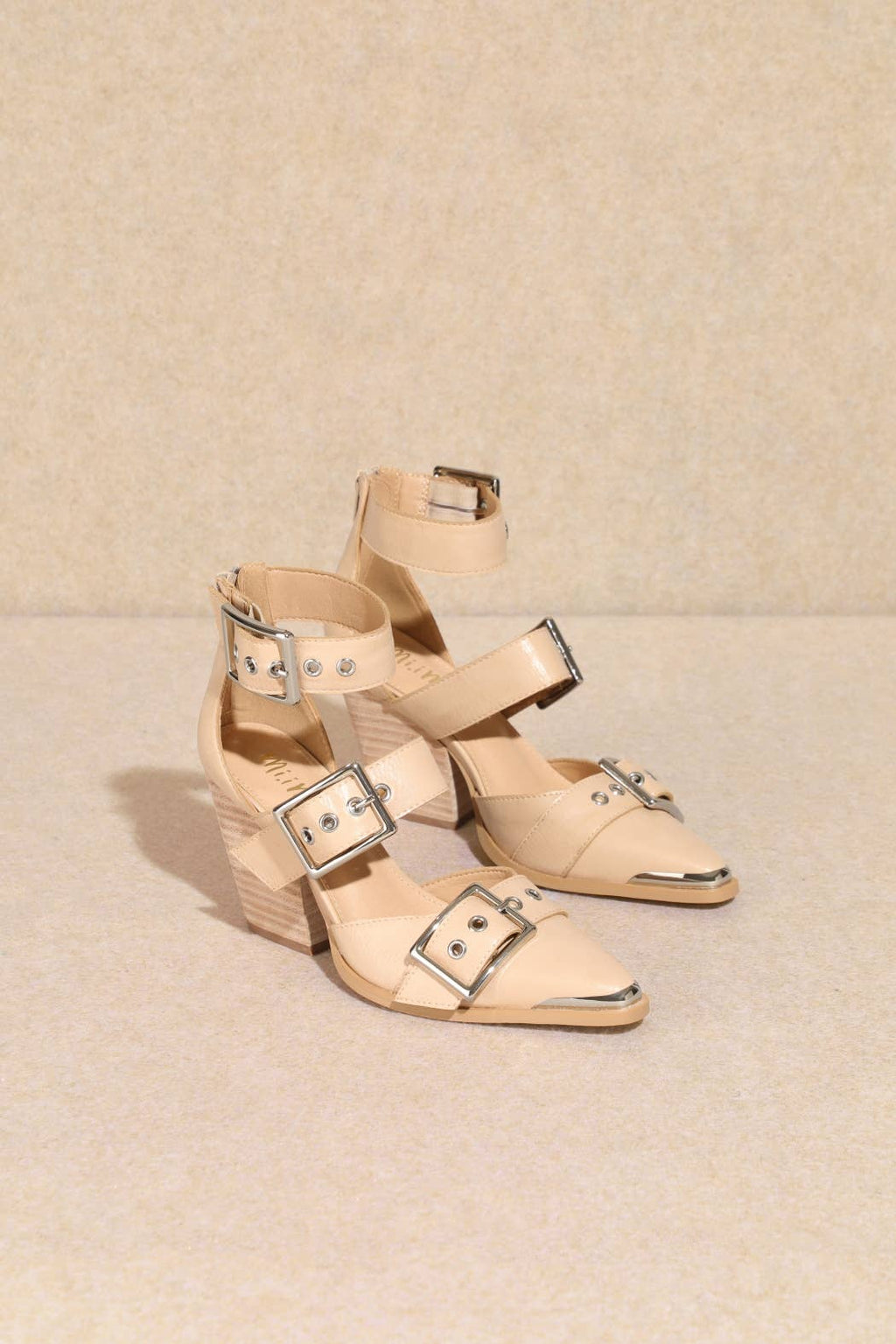 HENDRIX TRIPLE BELT STRAP POINTED TOE BLOCK HEELS