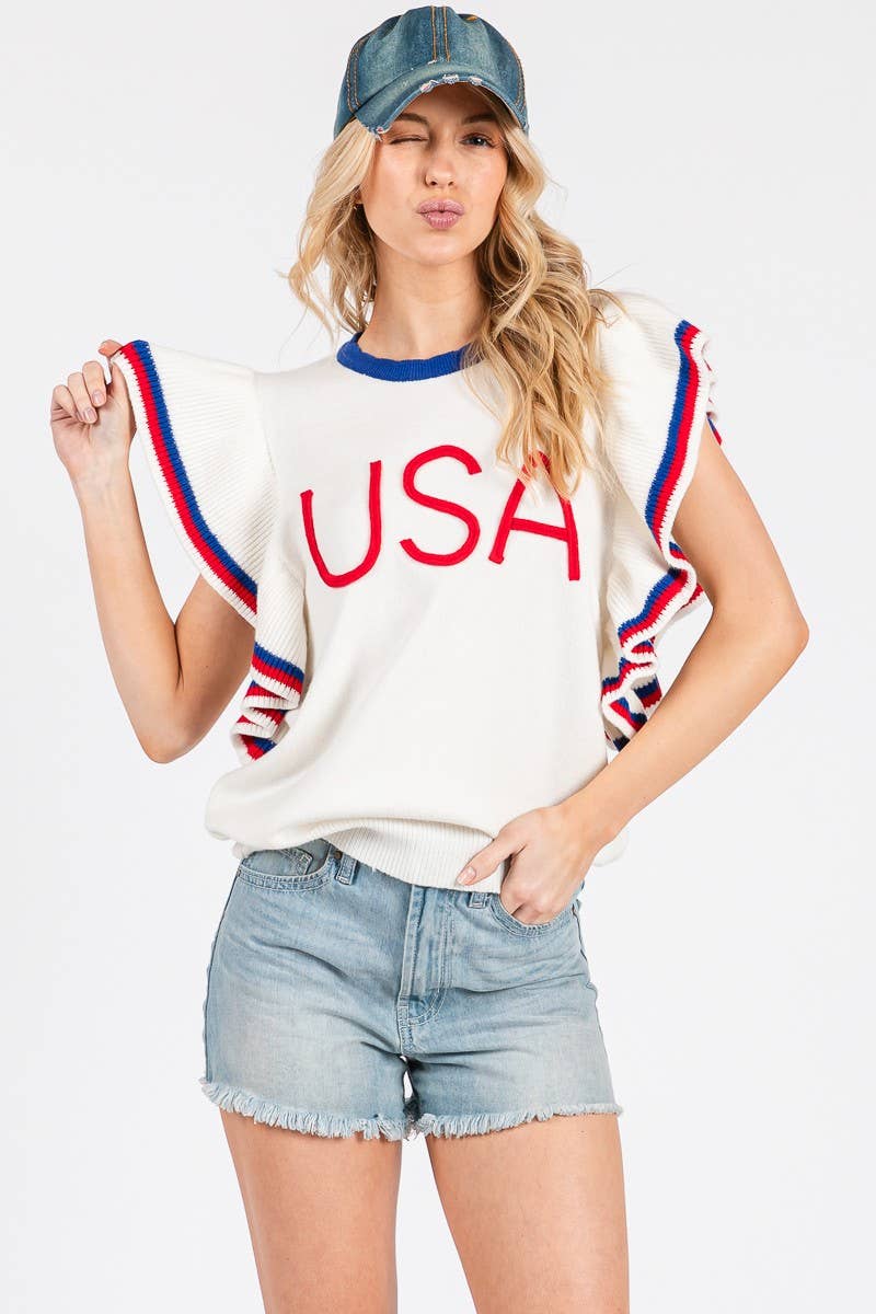 RUFFLE SLEEVE AMERICANA SWEATER TOP