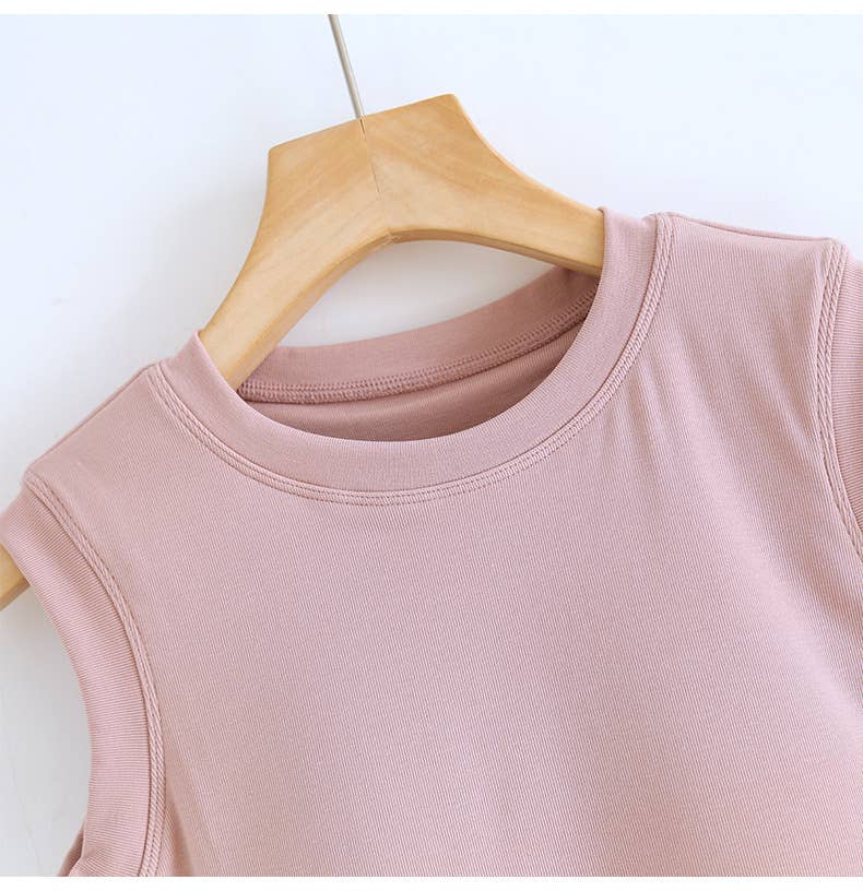 Basic cotton blend sleeveless R-neck tee self bra tank top