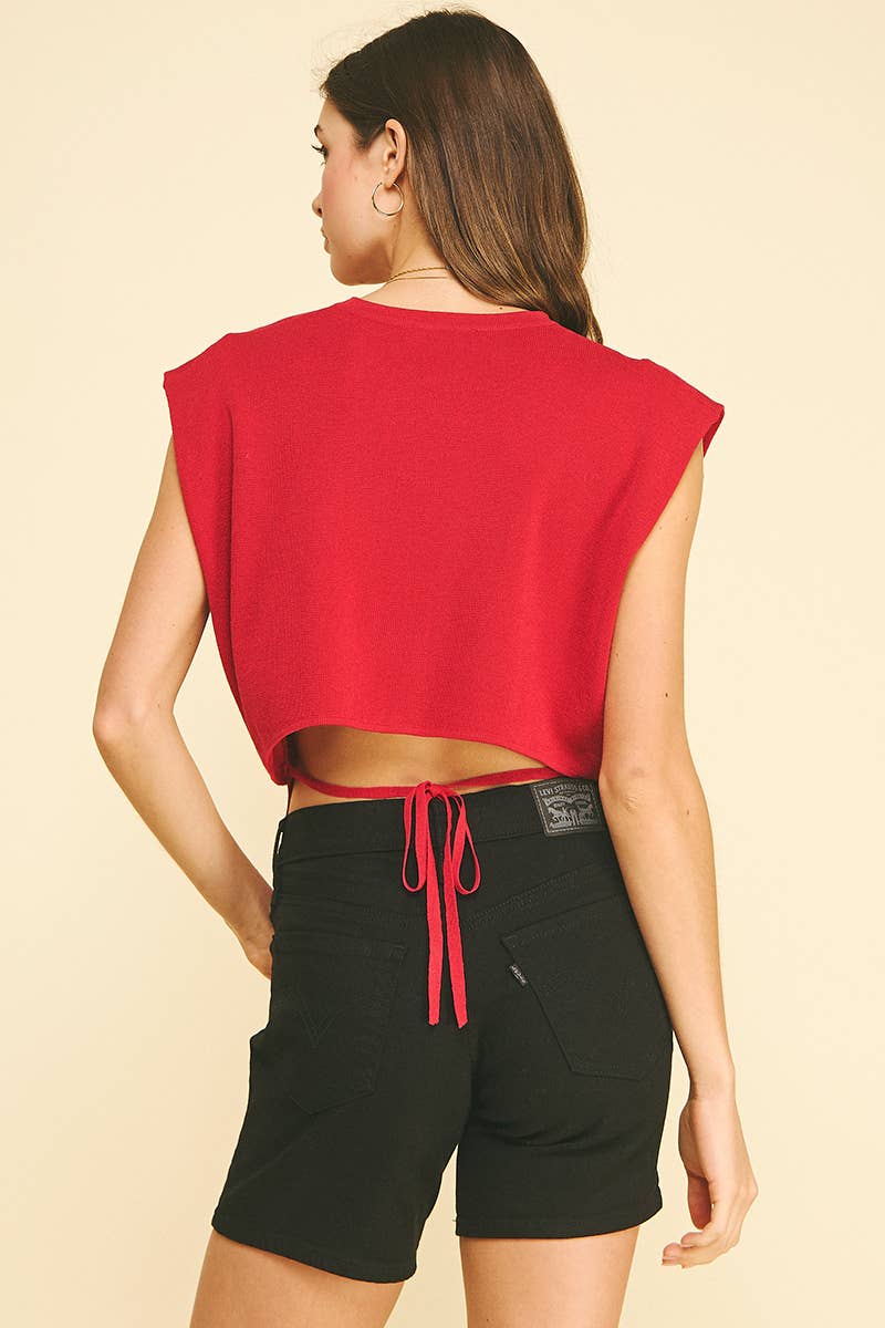 CAP SLEEVE SWEATER WITH TIE DETAIL AT BACK - 7033WJ