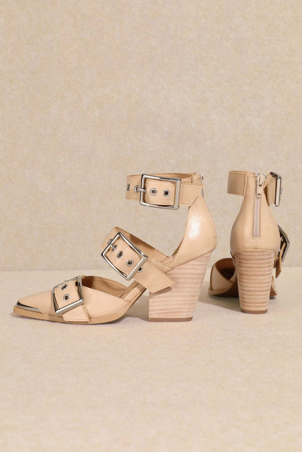 HENDRIX TRIPLE BELT STRAP POINTED TOE BLOCK HEELS