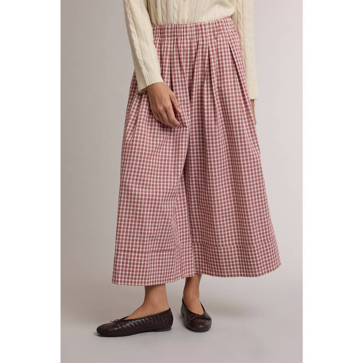 GINGHAM WIDE LEG PULL ON PANTS in Red Bean and Oatmeal