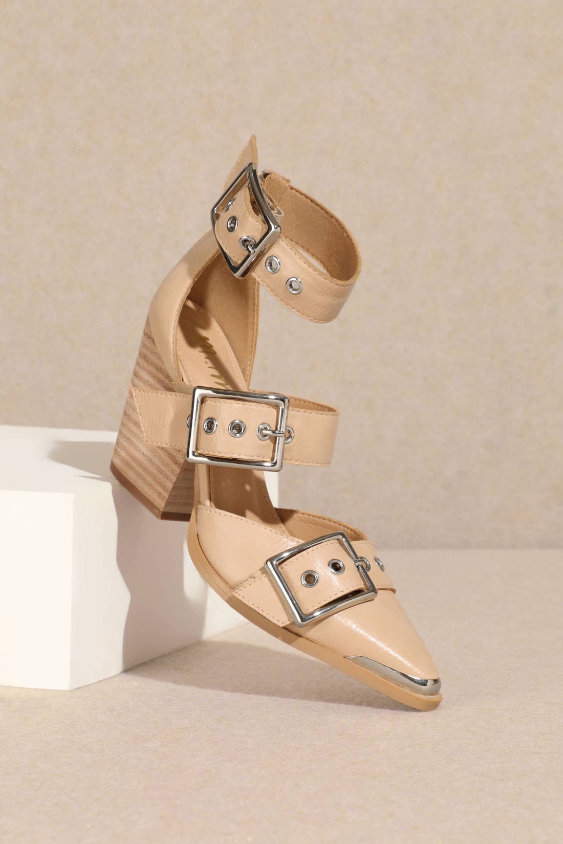 HENDRIX TRIPLE BELT STRAP POINTED TOE BLOCK HEELS