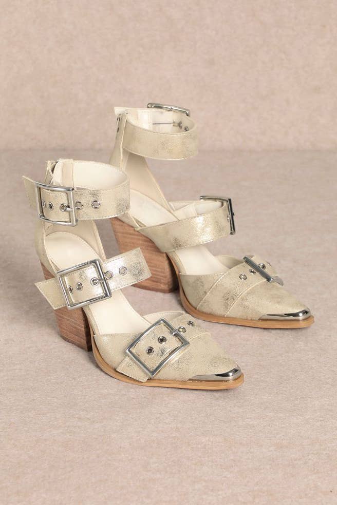 HENDRIX TRIPLE BELT STRAP POINTED TOE BLOCK HEELS