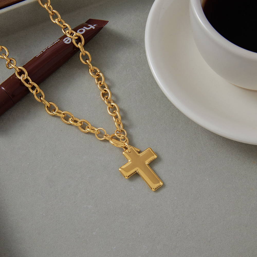 Solid Cross Toggle Necklace 18K Gold-Plated Non-Tarnish