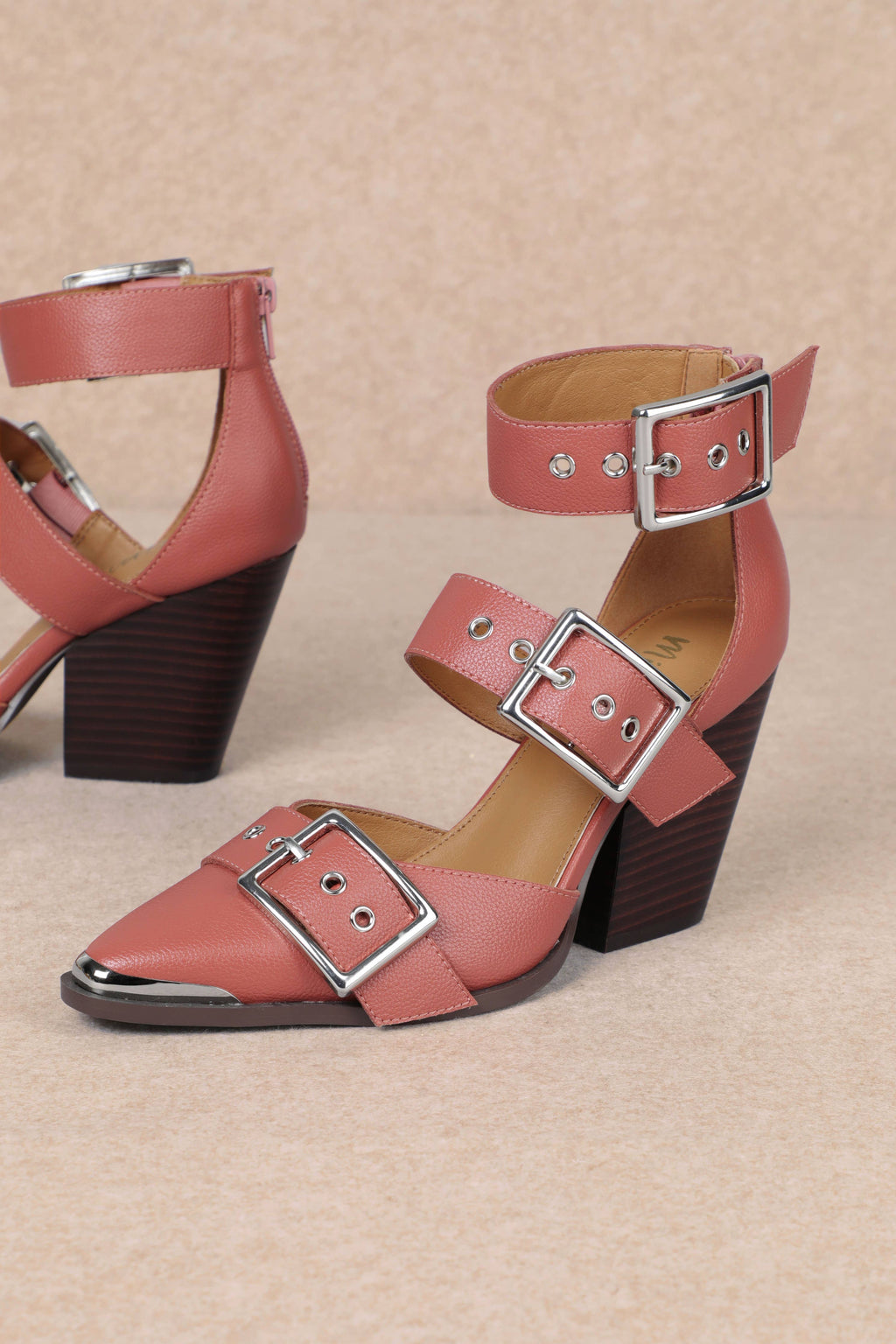 HENDRIX TRIPLE BELT STRAP POINTED TOE BLOCK HEELS