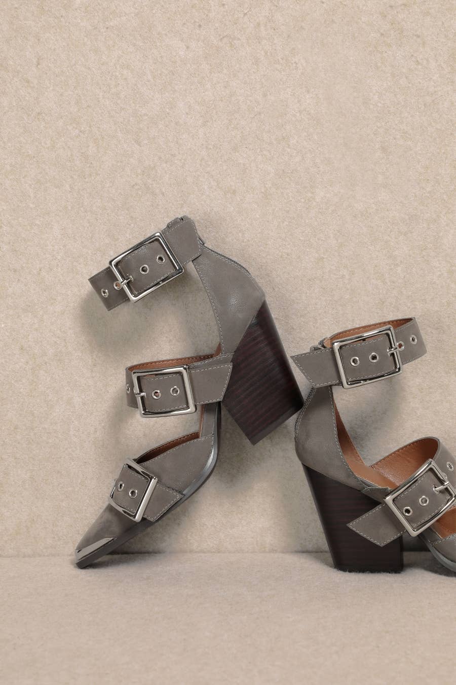HENDRIX TRIPLE BELT STRAP POINTED TOE BLOCK HEELS