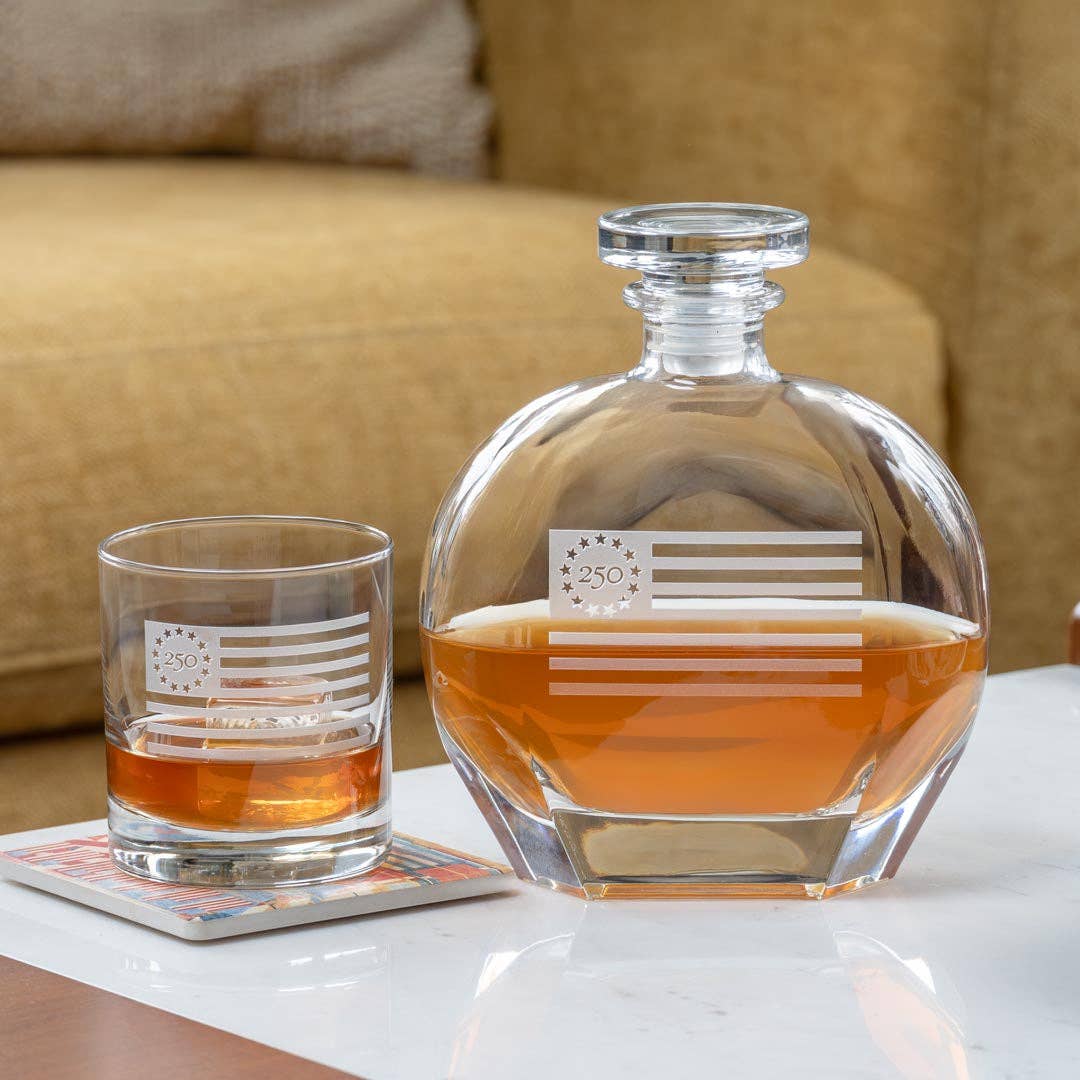 America250™ Betsy Ross Flag 3 Piece Gift Set | Whiskey Decanter and Rocks Glasses